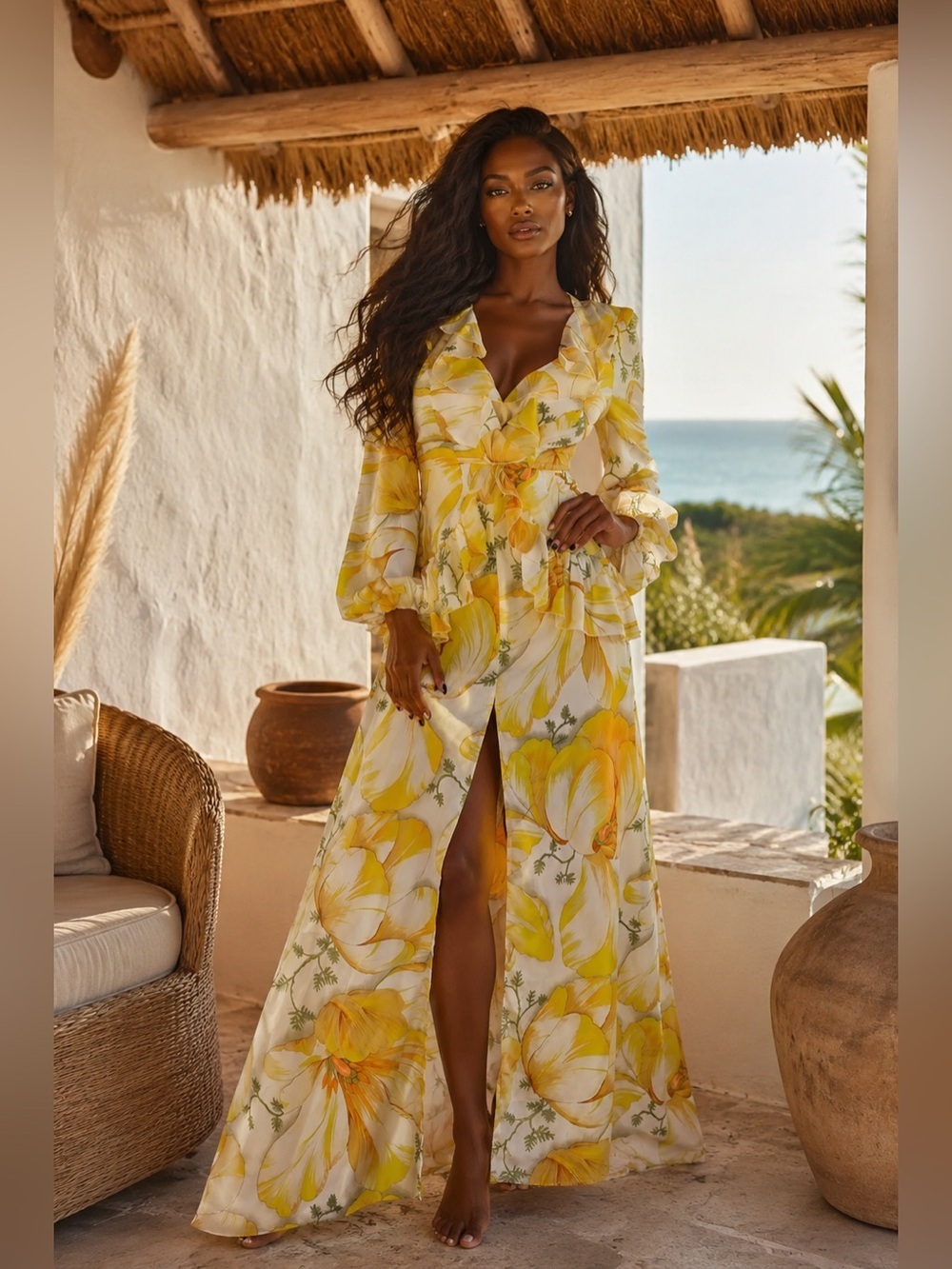 Yellow Floral Maxi Dress with Ruffle V-Neck